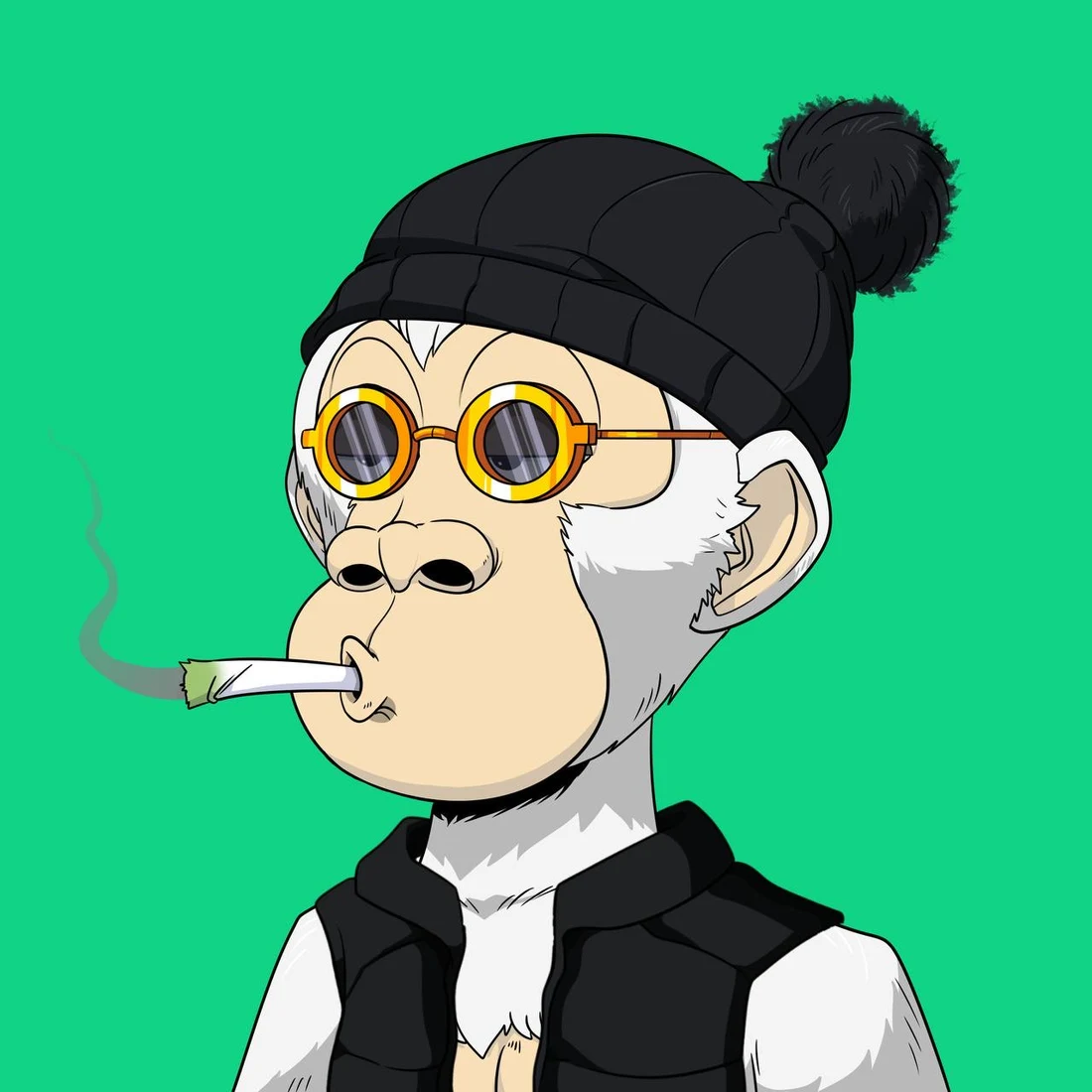 Ape Dynasty sneak peek 1: an ape in a black pom-pom beanie and vest with round yellow glasses, on a green background