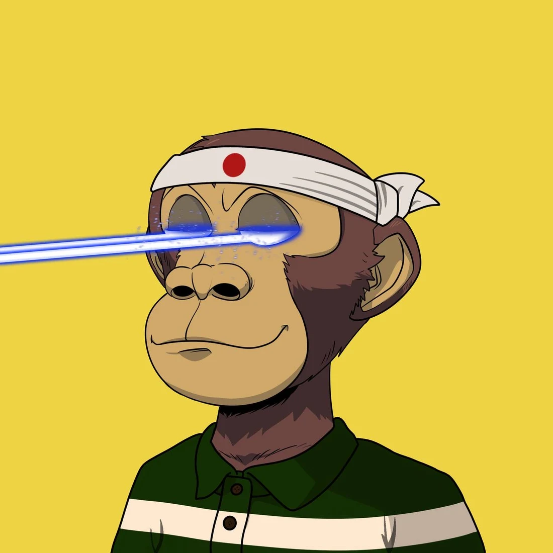 Ape Dynasty sneak peek 4: an ape in a headband with blue laser eyes, on a yellow background